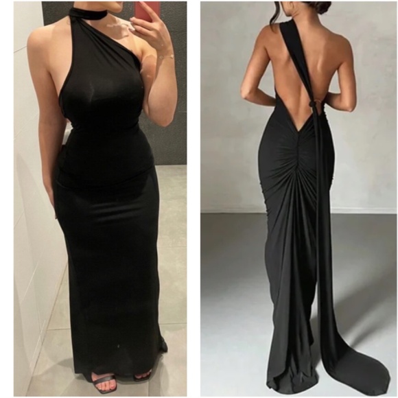 Luxe Backless Asymmetrical Neck Bodycon Party Formal Dress - Picture 2 of 7